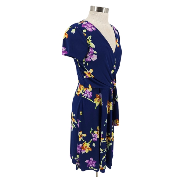 LRL Ralph Lauren Faux Wrap Fit Flare Dress Blue Floral Short Sleeve V Neck Zip 6 - Picture 3 of 11